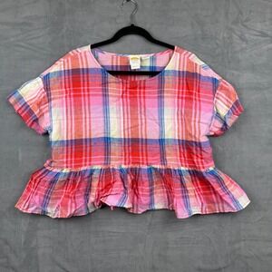 C & C California Plaid Linen Peplum Top Pink Red‎ Blue Women's Size M